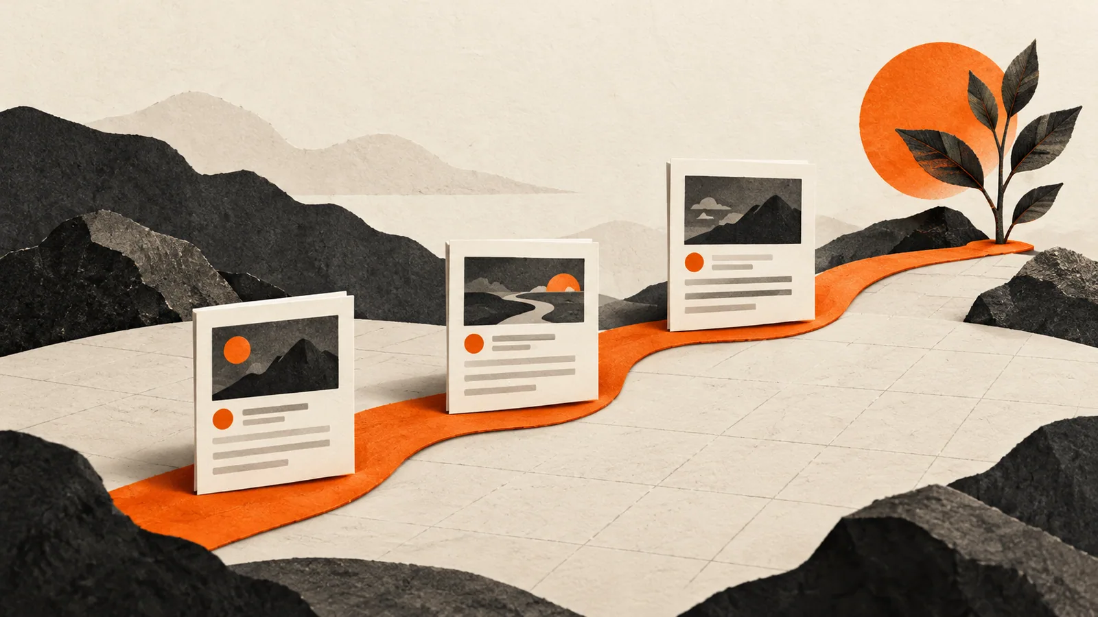Three article cards following a path toward steady content growth