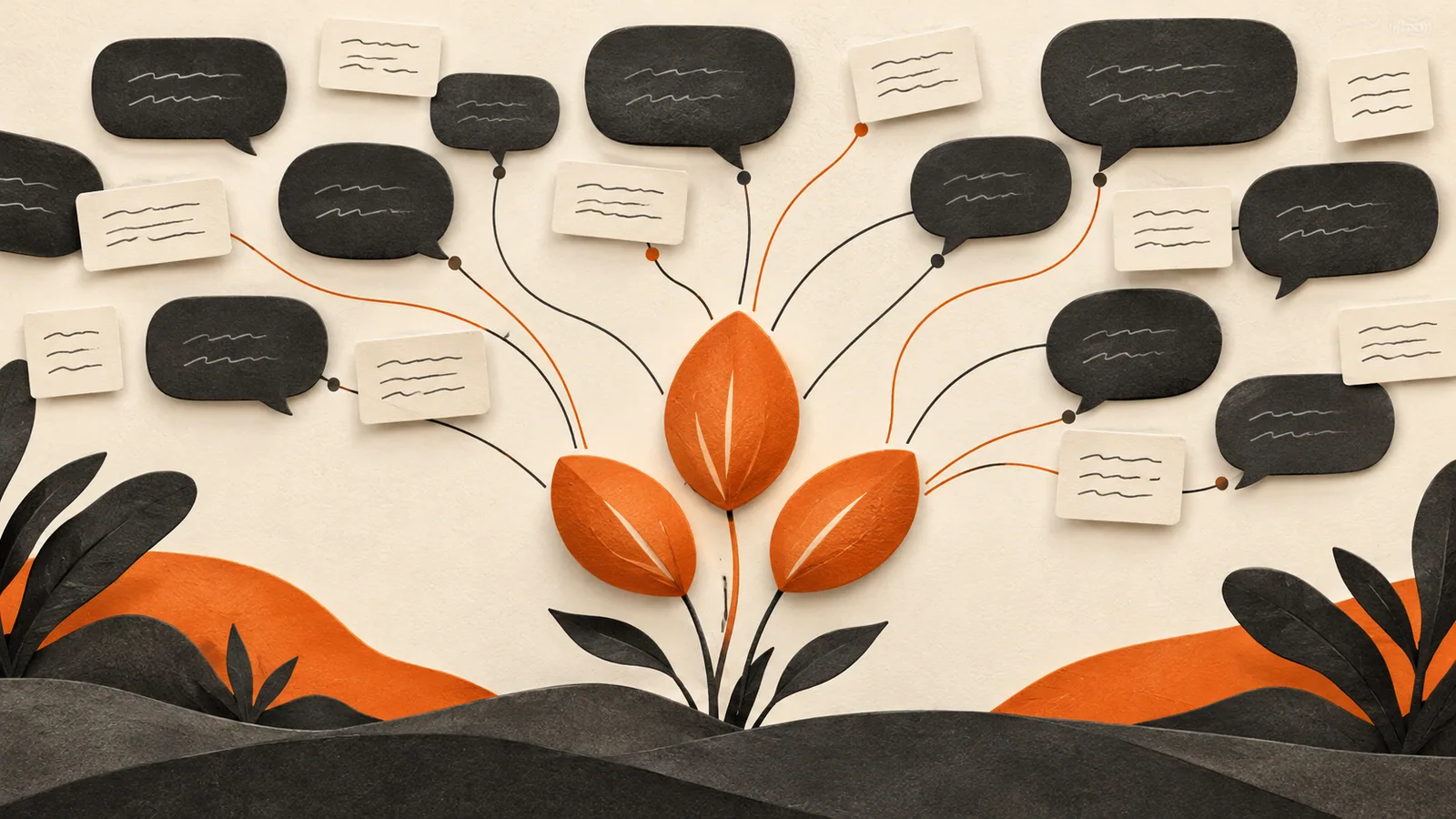 Customer conversations and research notes branching into keyword topics