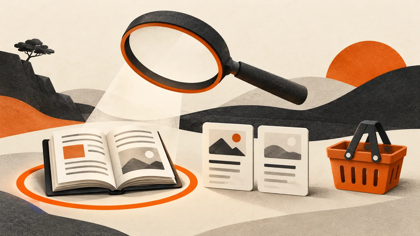 A magnifying glass choosing between a guide, comparisons, and shopping results