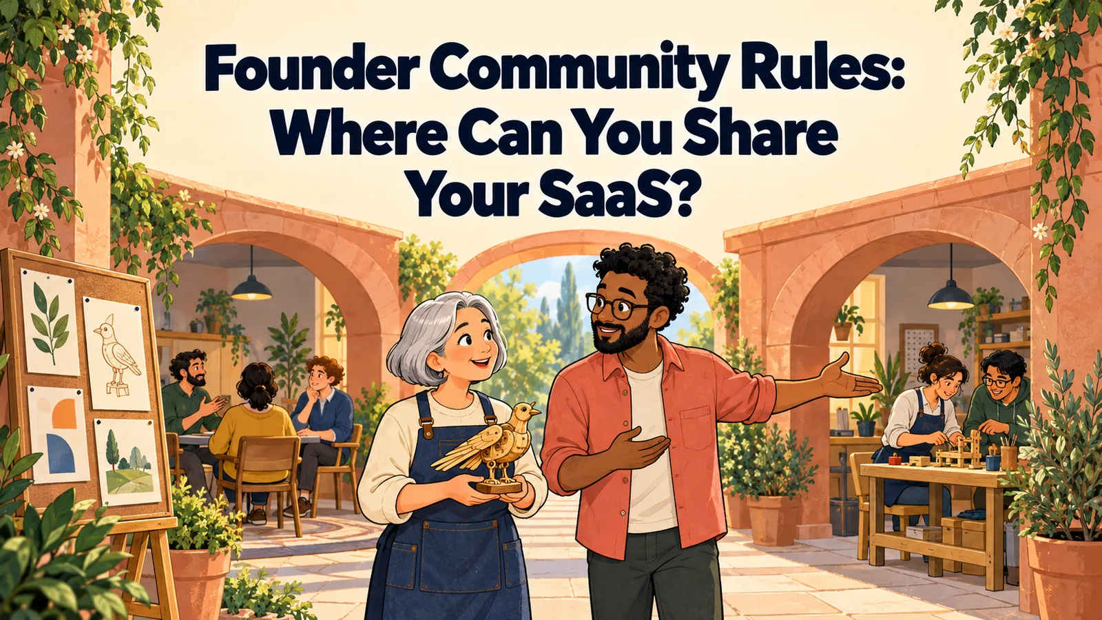Illustrated cover for “Founder Community Rules: Where Can You Share Your SaaS?”.