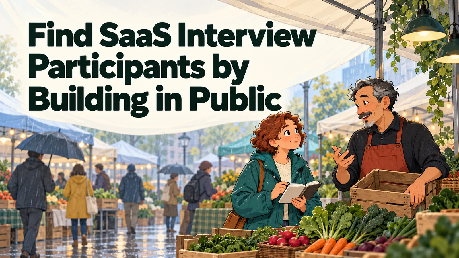 Illustrated cover for “Find SaaS Interview Participants by Building in Public”.