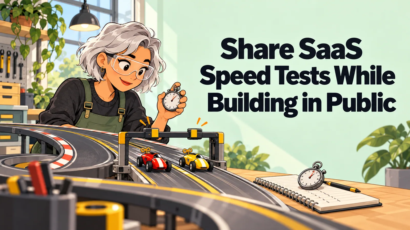 Illustrated cover for “Share SaaS Speed Tests While Building in Public”.