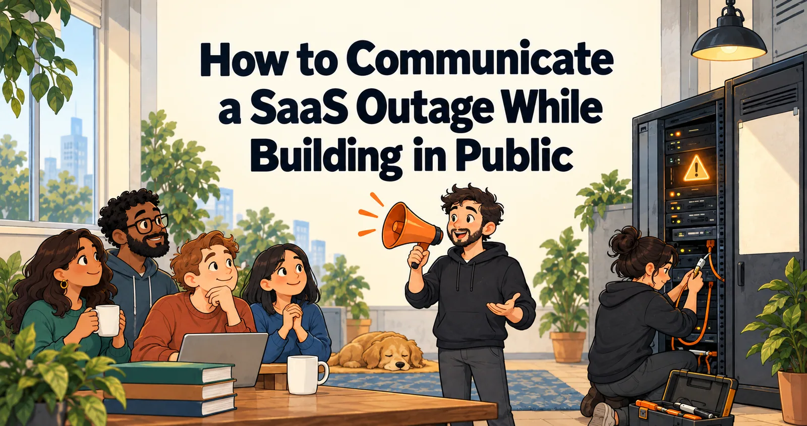 Illustrated cover for “How to Communicate a SaaS Outage While Building in Public”.