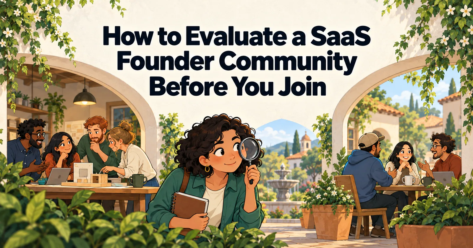 Illustrated cover for “How to Evaluate a SaaS Founder Community Before You Join”.