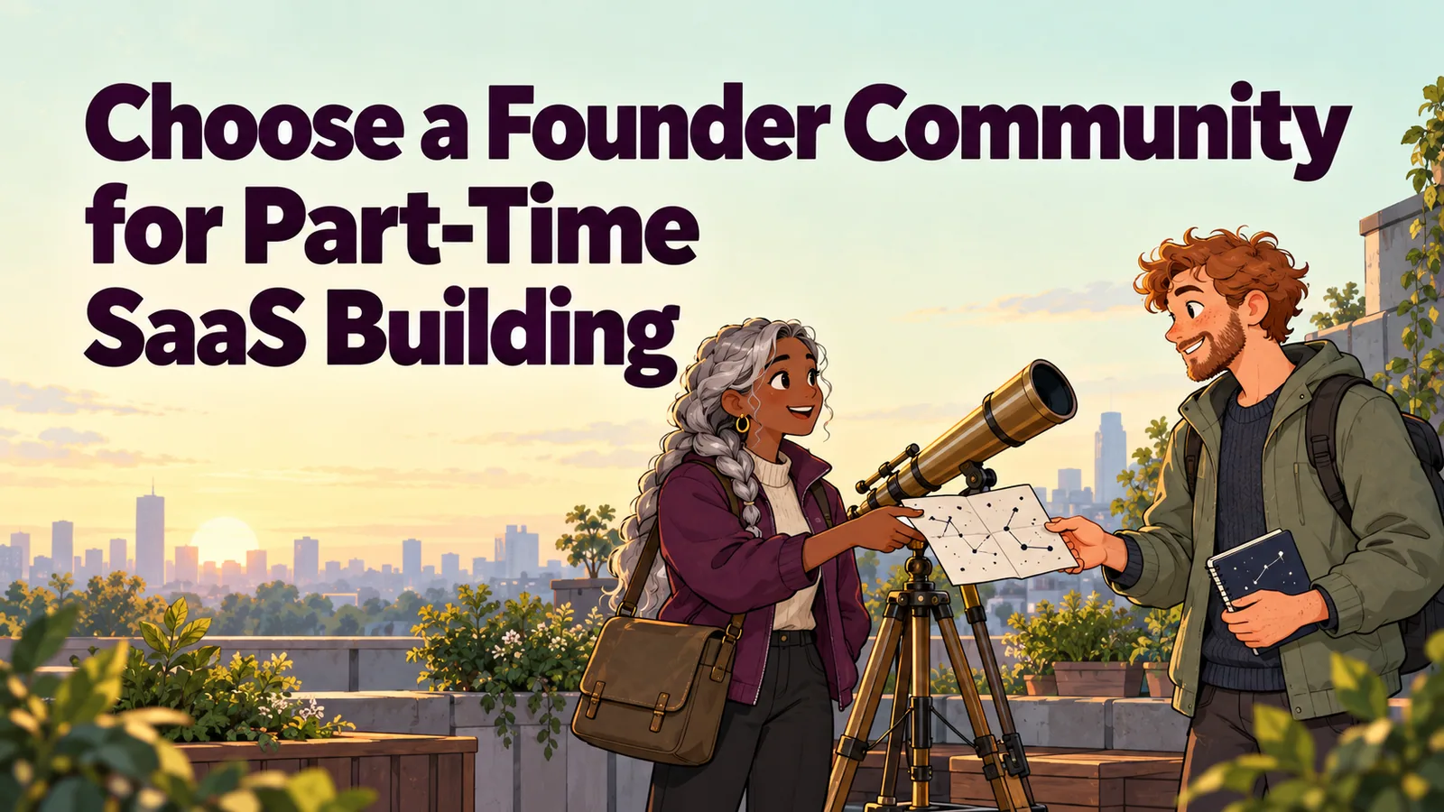 Illustrated cover for “Choose a Founder Community for Part-Time SaaS Building”.