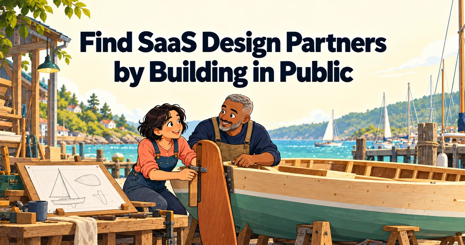 Illustrated cover for “Find SaaS Design Partners by Building in Public”.