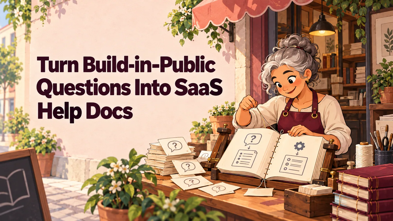Illustrated cover for “Turn Build-in-Public Questions Into SaaS Help Docs”.