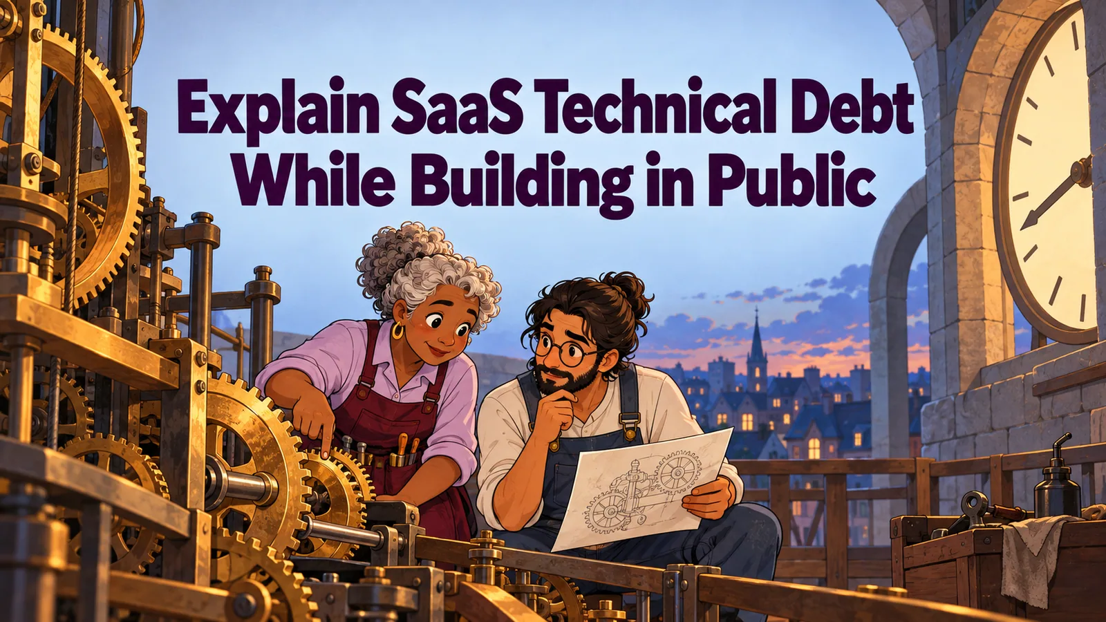 Illustrated cover for “Explain SaaS Technical Debt While Building in Public”.